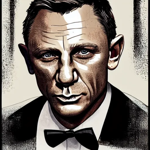 Image similar to a highly detailed portrait of daniel craig, aged 6 5, in a tuxedo, in the style of cedric peyravernay