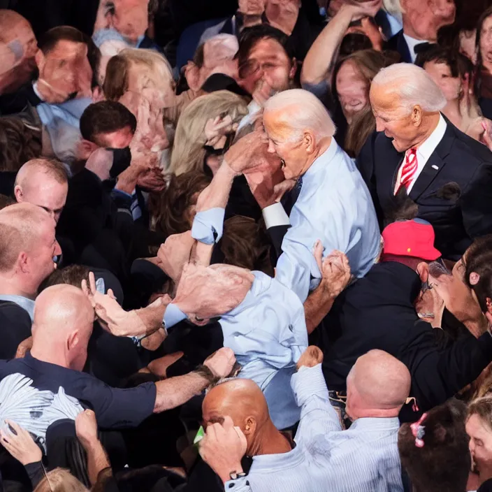 Prompt: Punched on stage, Joe Biden getting punched on stage, detailed zoom photo, 4K