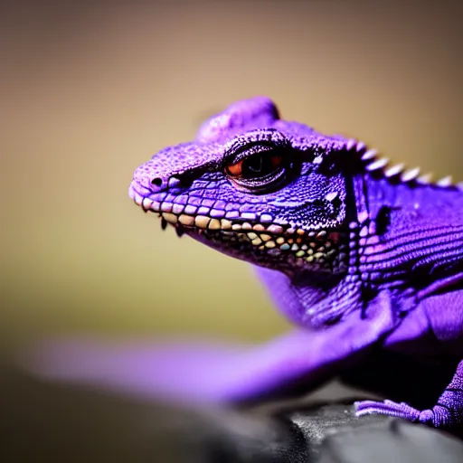 Prompt: Macro photo of a purple lizard detailed