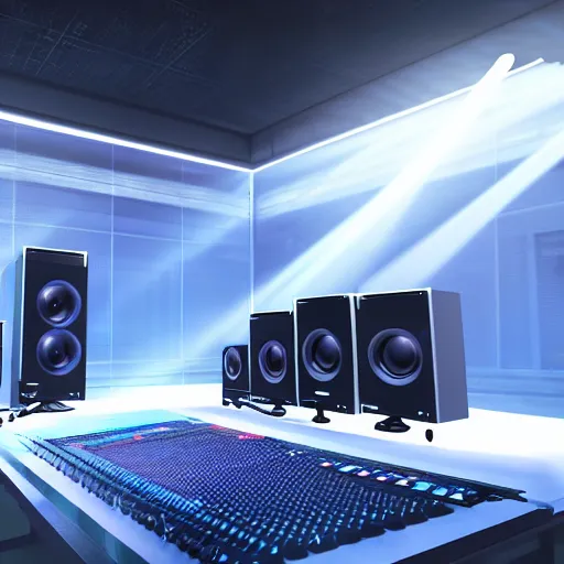 Image similar to Virtual Reality music studio Ableton Live theme concept, light rays coming out of the windows, Paris loft style, raytracing, highly detailed, futuristic, unreal engine 5, photoscan