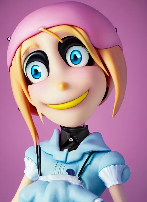 Prompt: a hyperrealistic oil painting of a kawaii vocaloid figurine caricature with a big dumb grin and pretty sparkling anime eyes featured on Wallace and Gromit by studio trigger