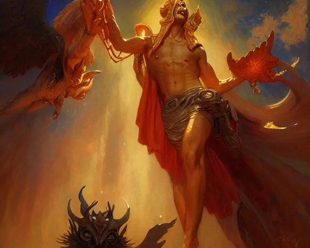 Image similar to attractive male deity, casting demonic magic, summoning handsome lucifer morning star. highly detailed painting by gaston bussiere, craig mullins, j. c. leyendecker 8 k