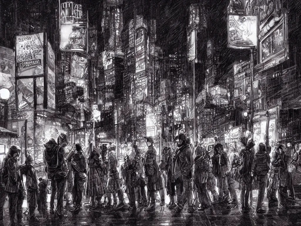 Prompt: few people waiting in a bus stop in dark city night, artstation, cgsociety, high quality, detailed, high resolution, in the style of arthur adams