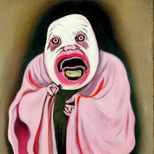 Image similar to a screaming pig wearing a robe painted by francis bacon