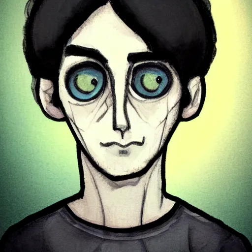 Image similar to young man portrait, black hair, skinny, sleep deprived, corpse bride art style