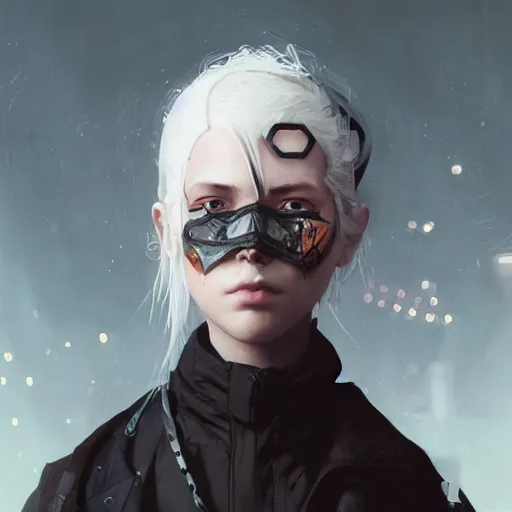 Prompt: very cool girl white hair girl with mask, streetwear, techwear, cyberpunk style outfit, full body, nose piercing, detailed portrait, intricate complexity, by greg rutkowski, cushart krentz, artgerm, ross tran, conrad roset, takato yomamoto, ilya kuvshinov. 4 k, beautiful, cinematic dramatic atmosphere, portrait lighting