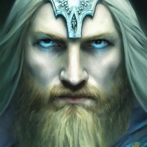 Image similar to Portrait close-up of Aasimar Paladin-Druid with glowing blue eyes, pale skin, full beard. Has sword and wears green armor covered in moss. Epic fantasy art, award winning on Artstation, intricate, highly detailed, dramatic lighting, illustration, concept art, art by artgerm and greg rutkowski and alphonse mucha and ross tran, D&D, Dungeons and Dragons, Magic the Gathering.