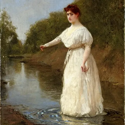 Image similar to young victorian lady in ball gown wading through a river, painted by alfred stevens