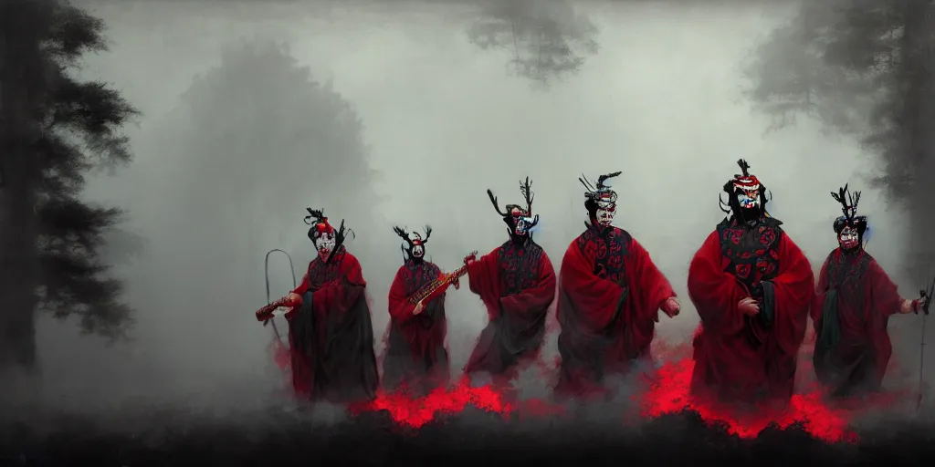 Image similar to 3 ancient chinese generals with chinese peking opera masks singing with guitars, the background is misty forest, full of red and black swirling smoke, harry potter, death eaters, dementors, craig mullins, albert bierstadt, greg rutkowski, tarkovski, realistic, highly detailed, artstation, early morning, atmospheric, aestetic, moody