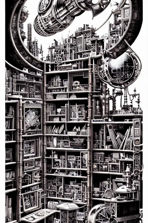 Image similar to a majestic steampunk alchemists bookshelf, two point perspective, furniture, high details, bold line art, by vincent di fate and joe fenton, inking, etching, screen print, masterpiece, trending on artstation, sharp, high contrast, hyper - detailed,, hd, 4 k, 8 k