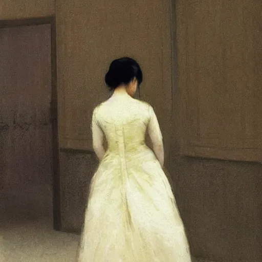 Image similar to asian girl with long hair, back view, wedding dress, by ramon casas