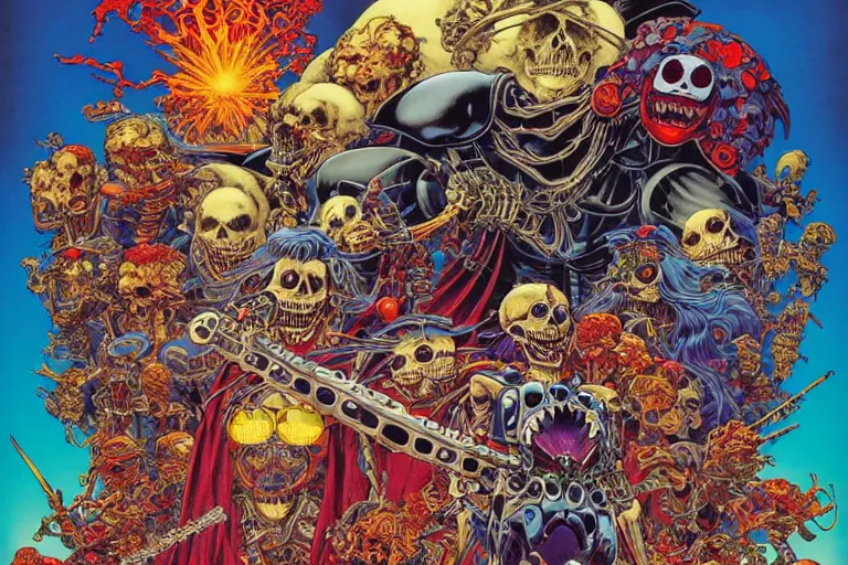 Image similar to poster of crazy roborts skeletor, by yoichi hatakenaka, masamune shirow, josan gonzales and dan mumford, ayami kojima, takato yamamoto, barclay shaw, karol bak, yukito kishiro