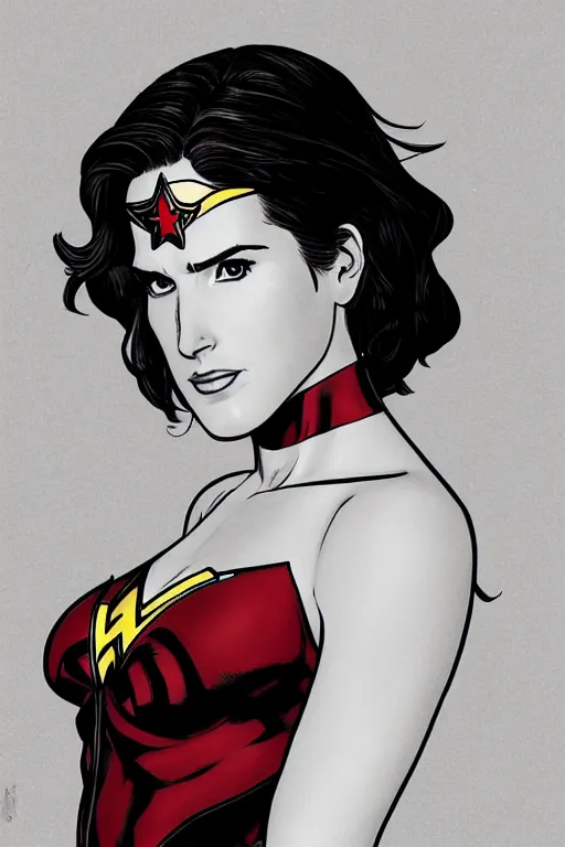 Prompt: A beautiful portrait of Cobie Smulders as Wonder Woman by Frank Cho, detailed, proportional, trending on art station, 4k,