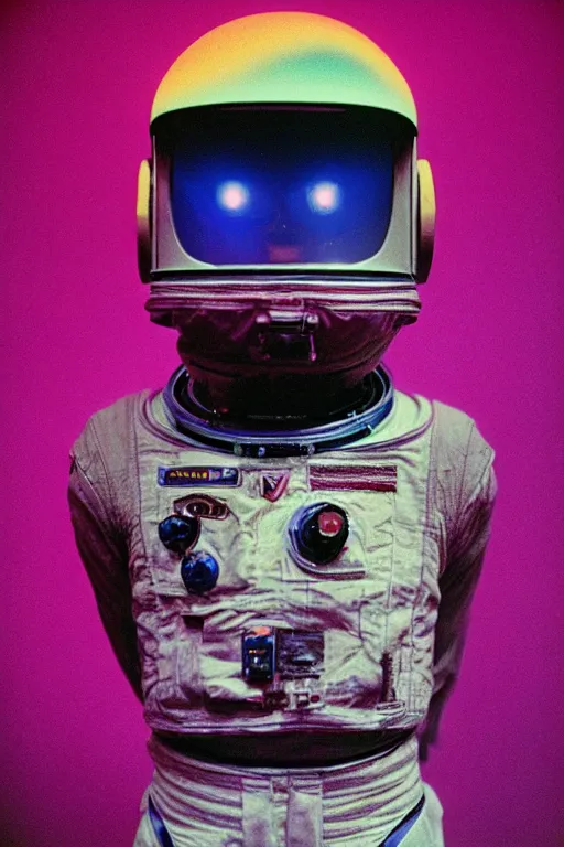 Prompt: astronaut raptor with neon glowing skull, 1 9 6 0 s, color bleed, ektachrome photograph, volumetric lighting, f 8 aperture, cinematic eastman 5 3 8 4 film stanley kubrick