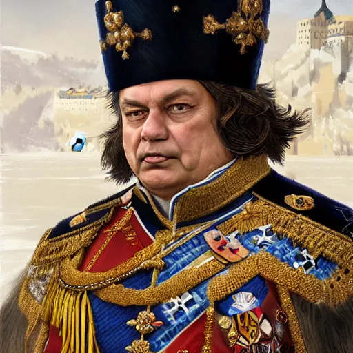 Prompt: an extremely realistic portrait depicting the coronation of viktor orban dressed in royal national costume, on the frozen danube, detailed, intricate, elegant, fat, highly detailed, digital painting, artstation, concept art, smooth, sharp focus, illustration,