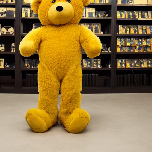 Prompt: a ( ( ( ( muscular yellow teddy bear ) ) ) proudly standing in front of his nfts collection!!!! 4 k photo