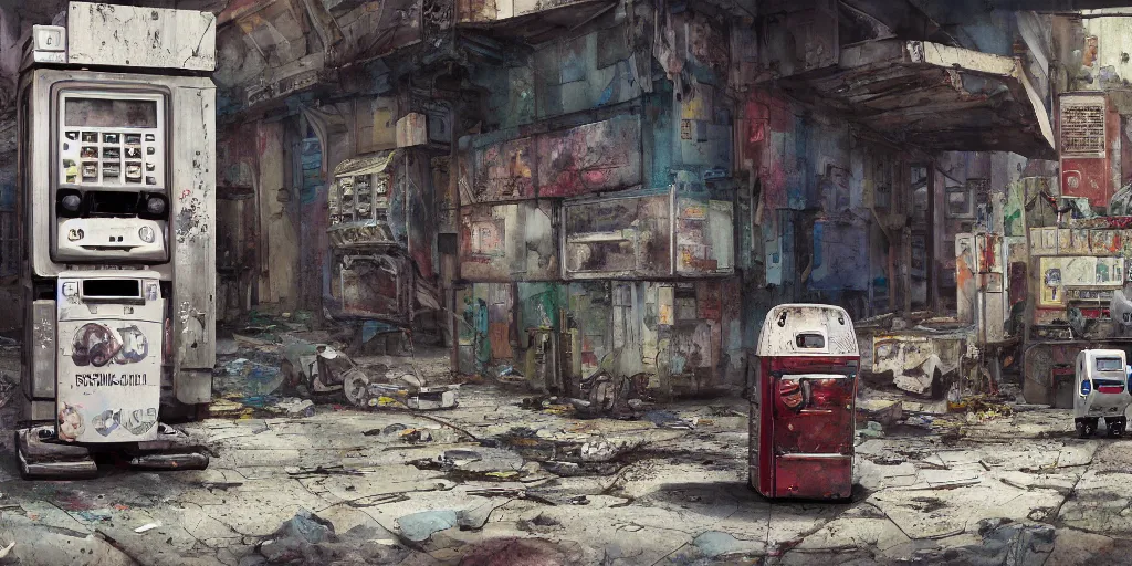 Image similar to a broken robot lying in a deserted junk town, watercolor, ghost in the shell, soft bloom lighting, paper texture, bright sun bleached ground, vending machine, robot lurks in the background, koji morimoto, katsuya terada, genius party, animatronic, black smoke, pale, beige sky pencil marks, hd, 4k, remaster, dynamic camera angle, fish eye, dynamic scene