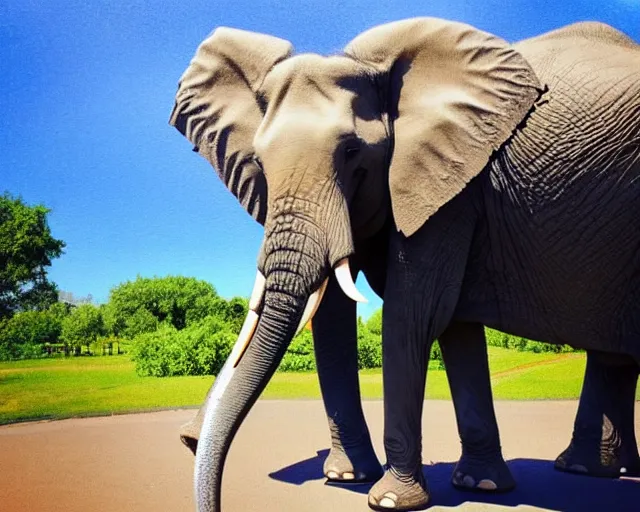Image similar to an elephant painting a beautiful picture of an elephant while standing outside in a park on a sunny day, octane, shot on an iphone,