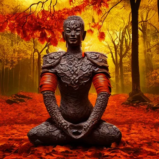 Prompt: warrior with surface of tree - bark, wearing stone wood vines armor, sitting in lotus position by tall tree with red and orange autumn leaves, meditation, highly detailed, dramatic lighting, cinematic, sci - fi, hyperrealistic, detailed