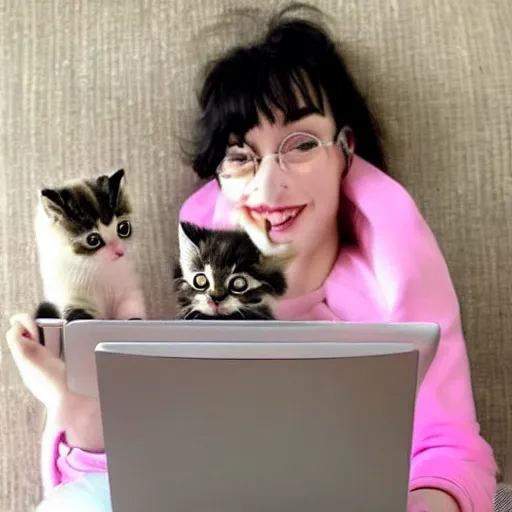 Image similar to cutest kittens in the world using a laptop with cute pink heart emojis floating in the air
