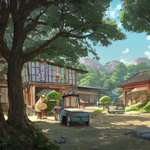 Image similar to concept art painting of a historic bakery with european and japanese architecture, in a woodland village surrounded by trees and mountains, realistic, detailed, cel shaded, in the style of makoto shinkai and greg rutkowski and james gurney