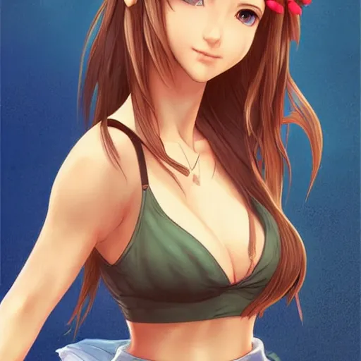 Image similar to beautiful aerith from final fantasy in daisy dukes on the beach making eye contact drawn by artgerm