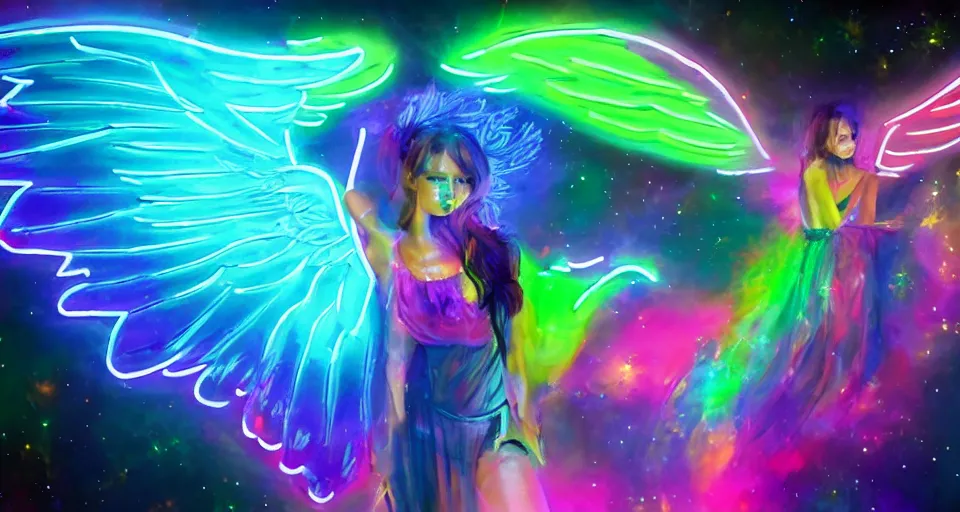 Image similar to a beautiful angel floating in space with neon wings