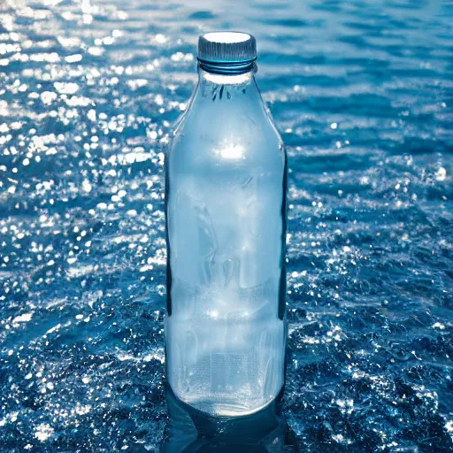 Image similar to bottle of mineral water balancing on its edge on the water surface in the center of the frame, a blue sky with clouds from above, minimalistic and beautiful, award winning, Artstation, intricate details, realistic, Hyperdetailed, 8k resolution