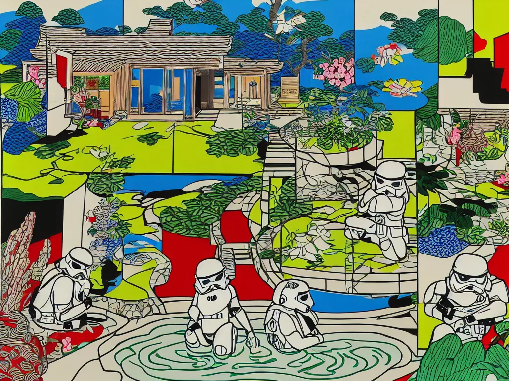 Image similar to detailed composition of the japanese home with a garden and a pond, 2 stormtroopers sitting around it, pop - art style, jacky tsai style, andy warhol style, roy lichtenstein style, rich palette, acrylic on canvas