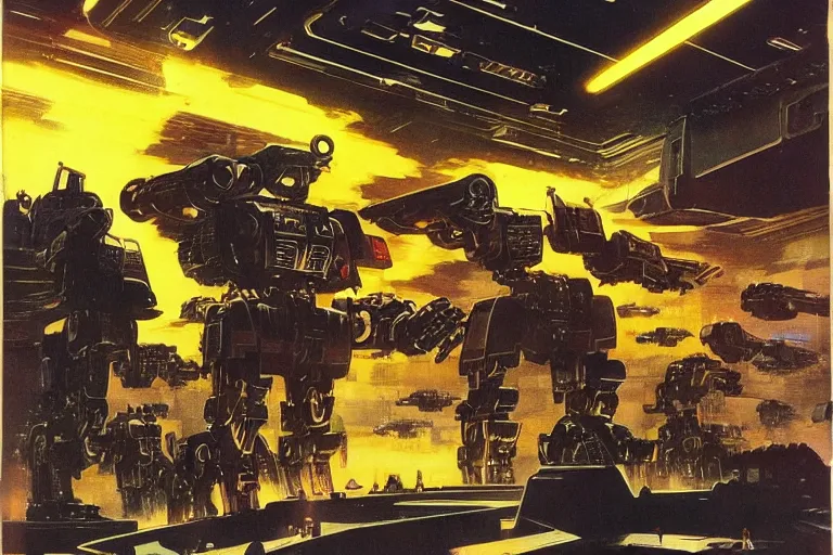 Image similar to 1 9 7 9 science fiction magazine depicting battletech fight in neo - tokyo. in the style of bladerunner concept art by syd mead