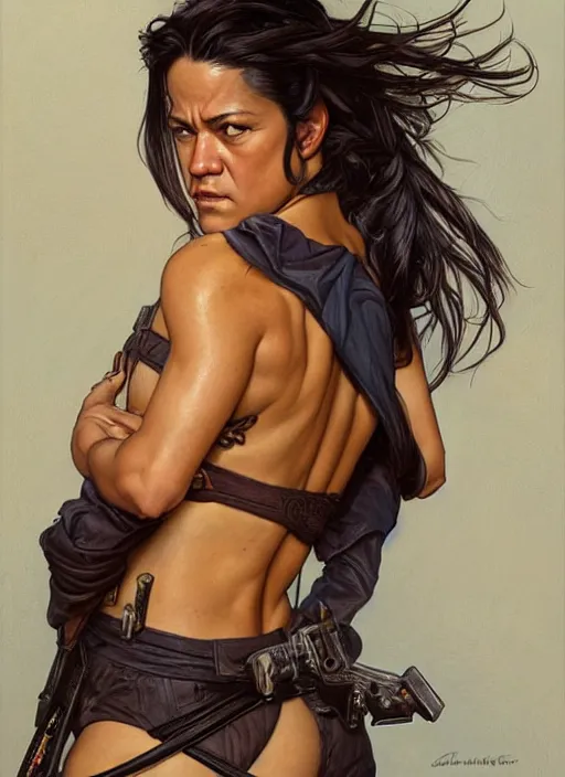 Image similar to Michelle Rodriguez as feisty latino woman, portrait, intricate, elegant, highly detailed, centered, digital painting, artstation, concept art, smooth, sharp focus, illustration, art by artgerm and donato giancola and alphonse mucha