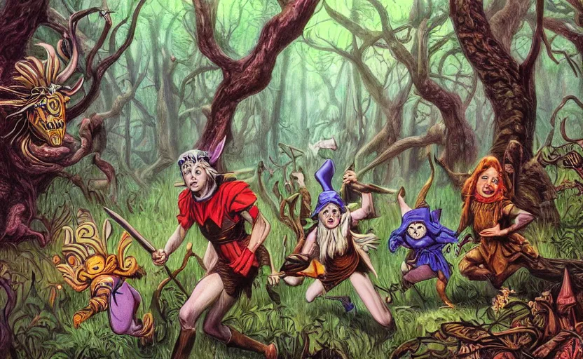 Image similar to a scene of elves running through a clearing in a dark fantasy forest surrounded by darkness and colorful cartoon monsters. hyperrealist illustration. muted colors. 1 9 7 0's pulp science fiction and fantasy cartoon for alice in wonderland and wizard of oz. highly detailed and richly colored painting by don ivan punchatz and basil gogos. trending on artstation