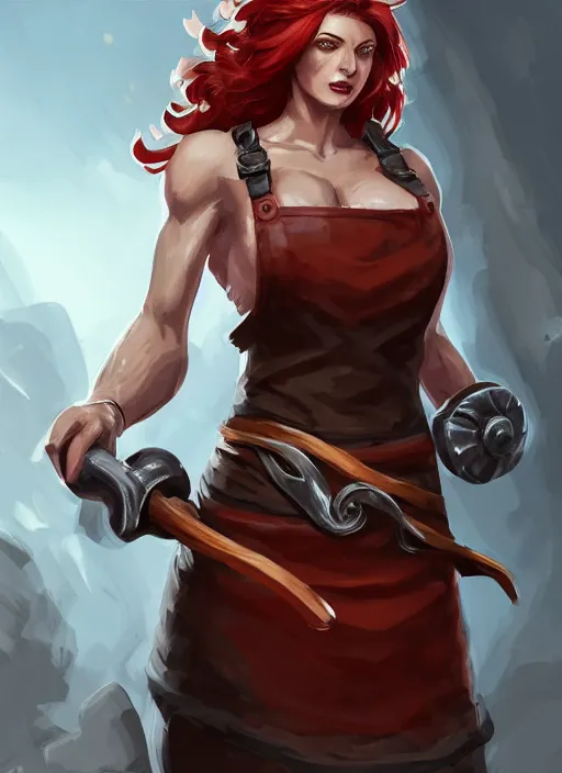 Image similar to a highly detailed illustration of fierce red haired blacksmith woman wearing apron, muscular, dramatic smile pose, intricate, elegant, highly detailed, centered, digital painting, artstation, concept art, smooth, sharp focus, league of legends concept art, wlop.