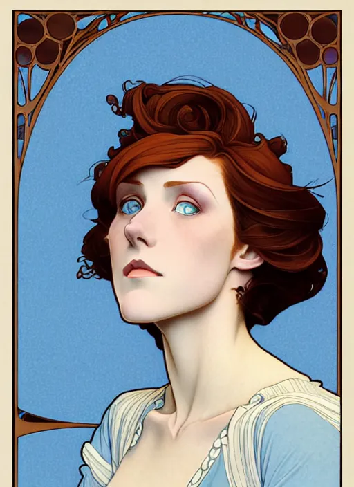 Prompt: art nouveau portrait of a woman with completely straight auburn hair, light blue eyes, pale skin, freckles, sad expression, t - shirt, modern casual clothing, natural lighting, path traced, highly detailed, high quality, cartoon, digital painting, by don bluth and ross tran and studio ghibli and alphonse mucha