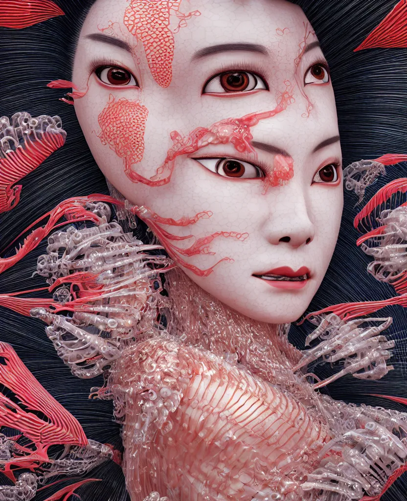 Image similar to close-up macro portrait of the face of a beautiful Japanese geisha with kimono, epic angle and pose, ribcage skeleton symmetrical artwork, 3d with depth of field, blurred background, cybernetic jellyfish female face phoenix bird, translucent, nautilus, energy flows of water and fire. a highly detailed epic cinematic concept art CG render. made in Maya, Blender and Photoshop, octane render, excellent composition, cinematic dystopian brutalist atmosphere, dynamic dramatic cinematic lighting, aesthetic, very inspirational, arthouse, Greg Rutkowski, Ilya Kuvshinov, WLOP, Stanley Artgerm Lau, Ruan Jia and Fenghua Zhong