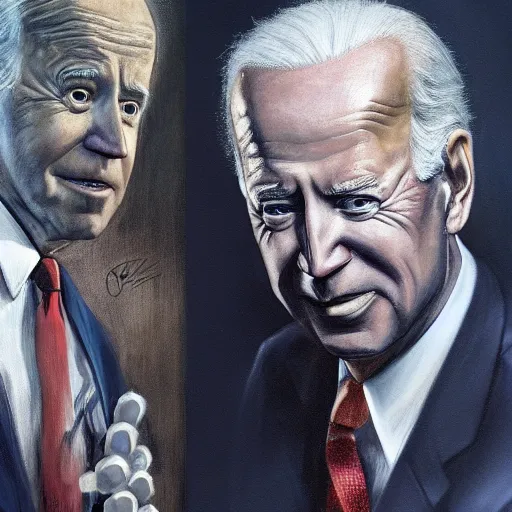 Prompt: UHD hyperrealism painting of Joe Biden as a marionette with Klaus Schwab pulling strings, by Antonio Caparo and Todd McFarlane and Greg Rutkowski, UHD, photorealistic, trending on artstation, trending on deviantart, correct face