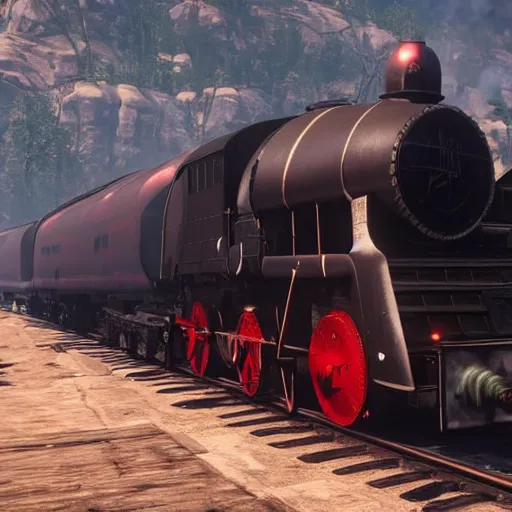 Image similar to futuristic sleek steam locomotive in red dead redemption 2