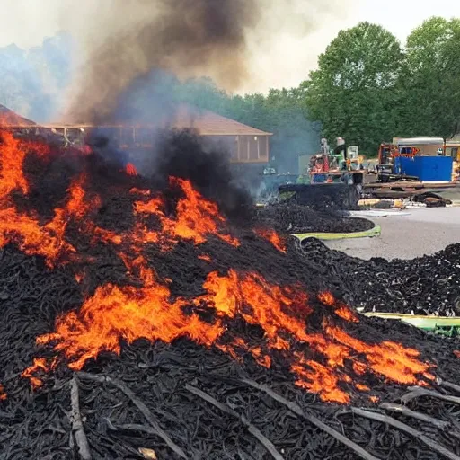 Image similar to Pallets stacked with bags of mulch at Lowe's, on fire