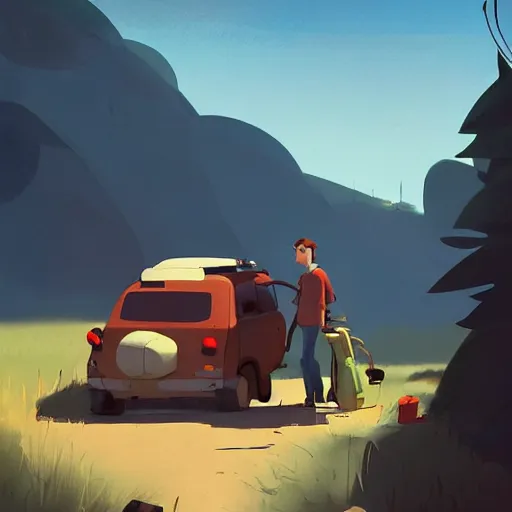 Prompt: goro fujita ilustration hiker unloading the car before camping, characterized by roman shipunov, etienne hebinger, atey ghailan