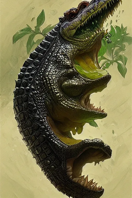 Image similar to crocodile god avocado, d & d, fantasy, intricate, elegant, highly detailed, digital painting, artstation, concept art, matte, sharp focus, illustration, art by artgerm and greg rutkowski and alphonse mucha