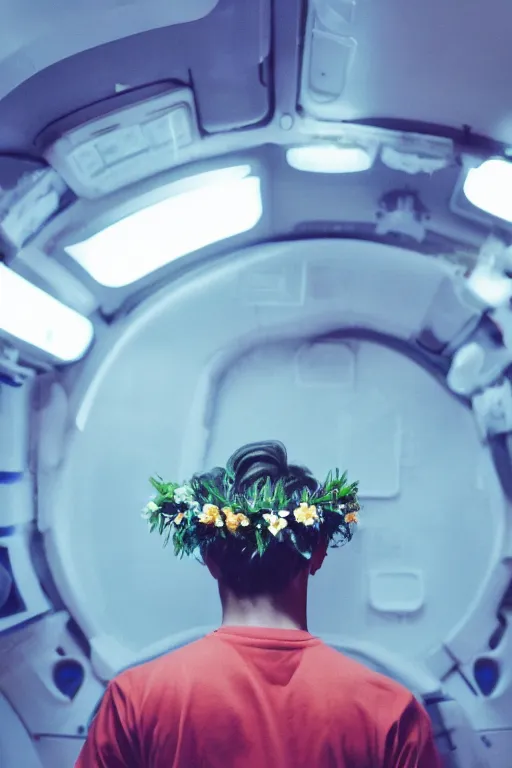 Image similar to agfa vista 4 0 0 photograph of a skinny guy on a spaceship, futuristic, synth vibe, lens flare, flower crown, back view, moody lighting, moody vibe, telephoto, 9 0 s vibe, blurry background, tranquil, calm, faded!,