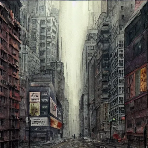 Prompt: post apocalyptic new york city. watercolor. highly detiled. spooky atmosphere.