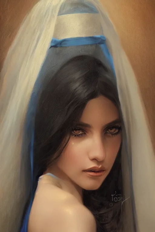 Prompt: tanned Ameera al-Taweel, bright blue eyes, long wavy black hair, simple white veil, closeup, focus face, elegant, highly detailed, centered, oil painting, artstation, concept art by tom bagshaw