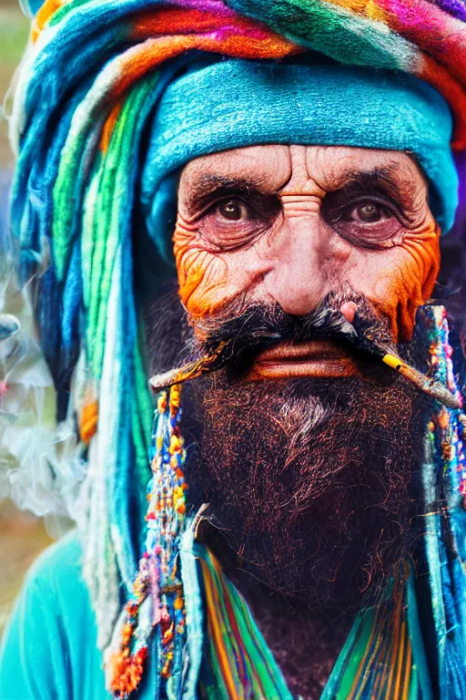 Prompt: A portrait of a shaman smoking 80 years of age wearing a brightly coloured turban with a big bushy beard. Photography. 28mm. f/1.4. Hasselblad. 8k.