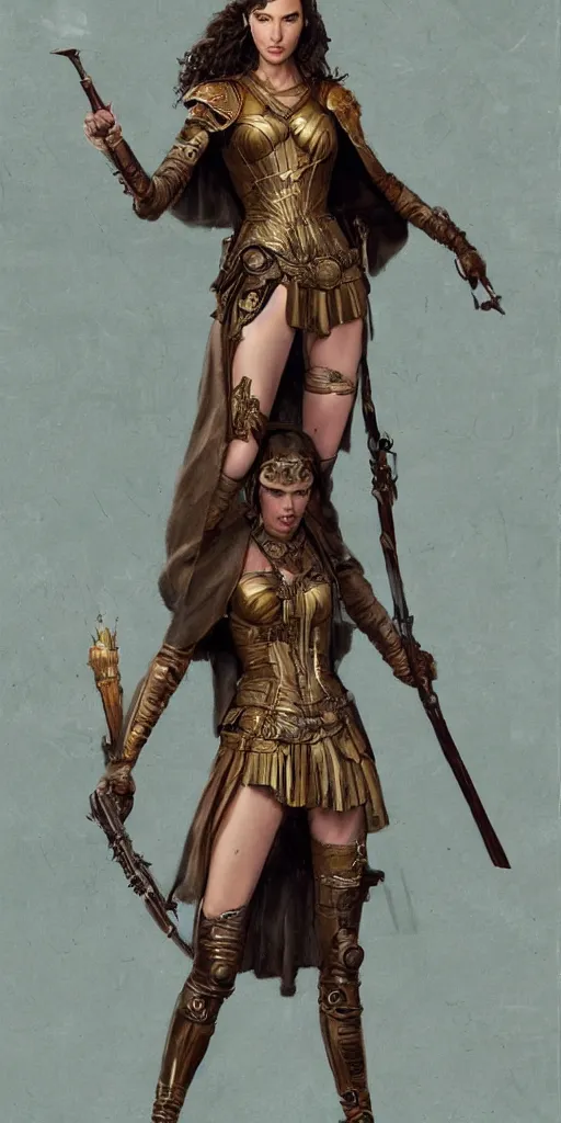 Image similar to highly detailed steampunk gal gadot standing, cape, staff : leonardo da vinci, greg rutkowski, magali villeneuve