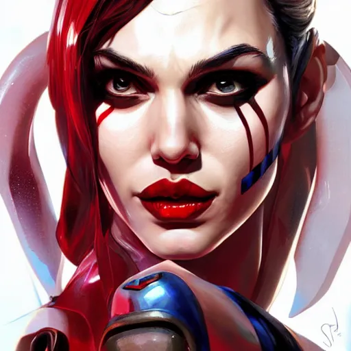 Image similar to a close up face of gal gadot as Harley Quinn, by Stanley Artgerm Lau, WLOP, Rossdraws, James Jean, Andrei Riabovitchev, Marc Simonetti, Yoshitaka Amano, ArtStation, CGSociety, Full body shot