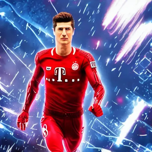 Prompt: Robert Lewandowski in the style marvel superhero with a blue and red suit,no logos cinematic, 8k, detailed, cinematic, epic, full body, film style, photho realistic