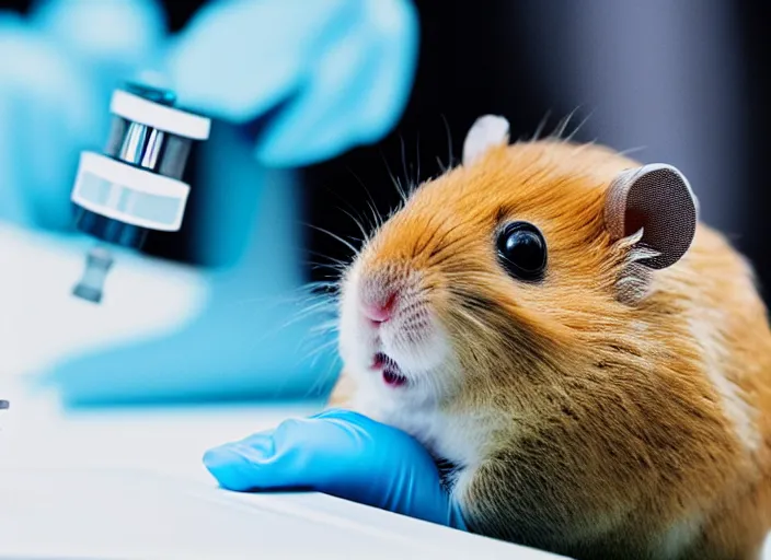 Image similar to film still of a hamster working in a research lab using a tiny microscope, 8 k