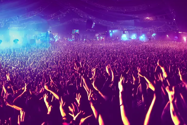 Image similar to a huge crowd partying with their hands up at a festival, silhouette, digital art, trending on artstation, 4k, unreal engine, intricate, ornate