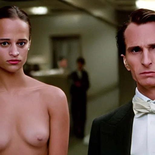 Prompt: Alicia Vikander and Patrick Bateman in American Psycho (1999)